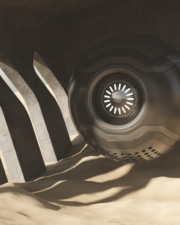 A futuristic metallic sphere placed in a shadowy enclosure with striking light patterns.