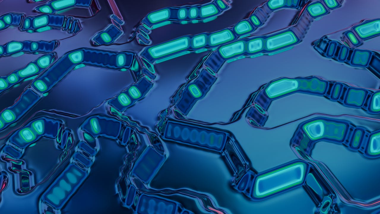 about-02 High-tech abstract art featuring blue and teal circuit-like patterns with a digital vibe.