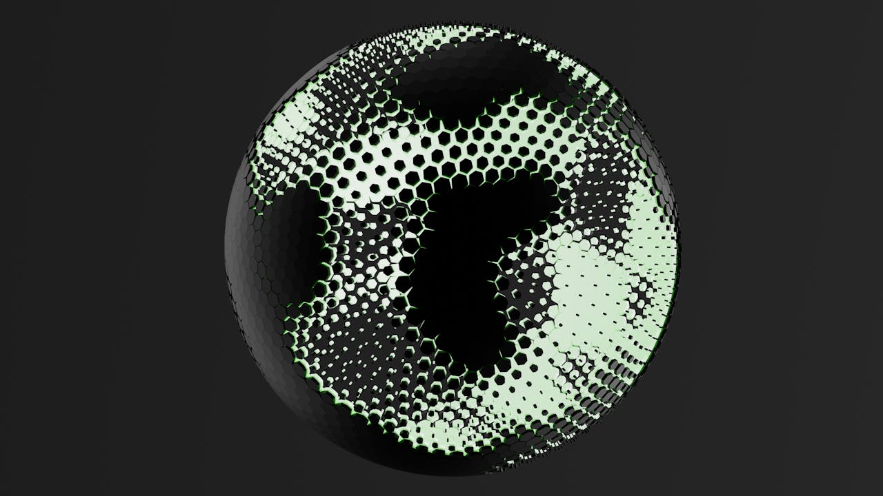 services-img A captivating abstract 3D sphere with geometric patterns and textures on a dark background.